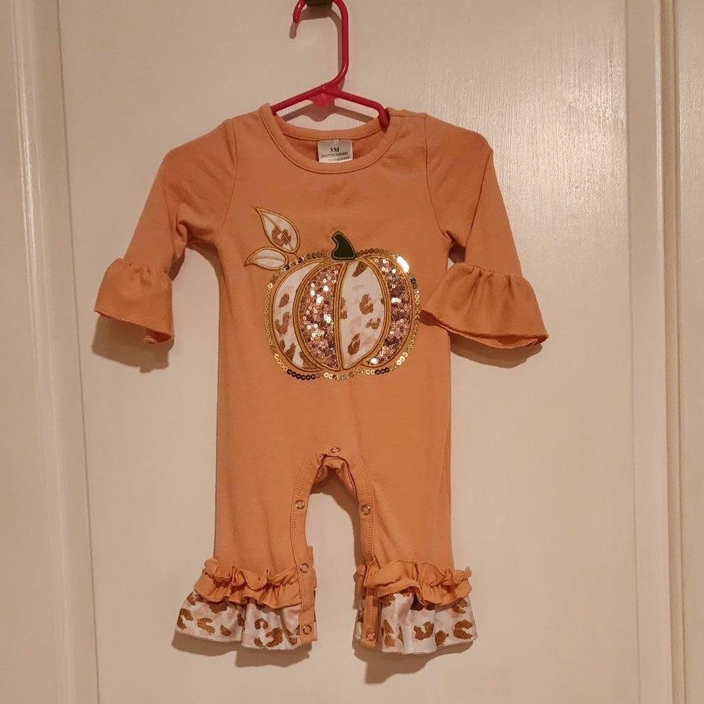 Frills and Holiday Pumpkin Romper adorned with sequins size 3 months